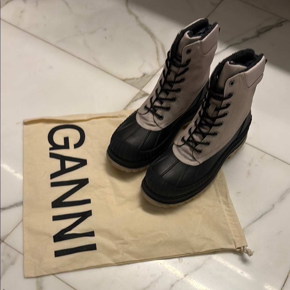 Ganni Black and Cream Lace-Up Duck Boots